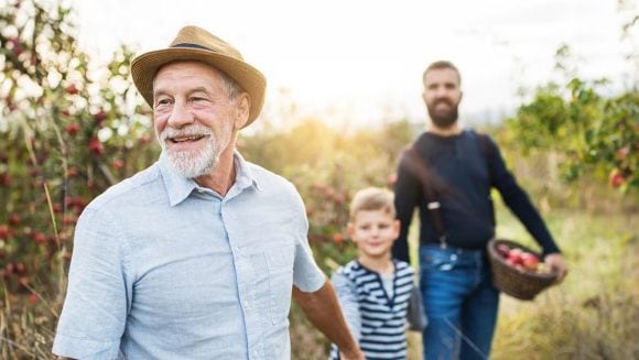 Three generations of men in apple orchard