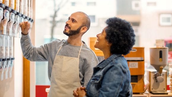 Woman and man in shop