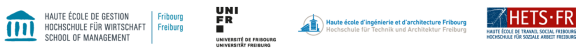 Haute Ecole de Gestion Fribourg, Université de Fribourg, Haute école d’ingénierie et d’architecture Fribourg, Haute école de travail social Fribourg logos