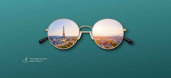 In the picture you can see a pair of sunglasses, with a city reflected in the lenses.