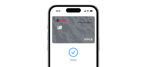 Mobile screen showing UBS VISA card and the word "Done" confirming a successful payment.