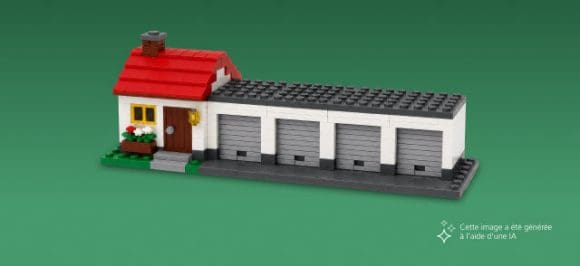 Sur l’image, on voit une petite maison individuelle avec quatre garages sur un fond vert.