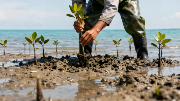 Person planting seedlings in a wet coastal soil, with turquoise sea water in the background.