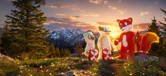 The image shows Topsy and his friends standing on a hill at sunrise – with their new Topsy children’s backpacks.
