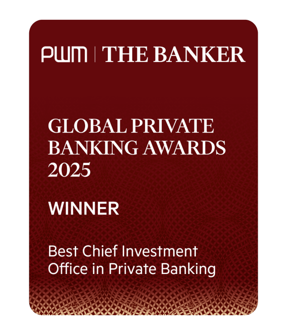 Dark red logo for the PWM / The Banker Global Private Banking Awards 2025, where UBS has won a prize for the Best Chief Investment Office in Private Banking.