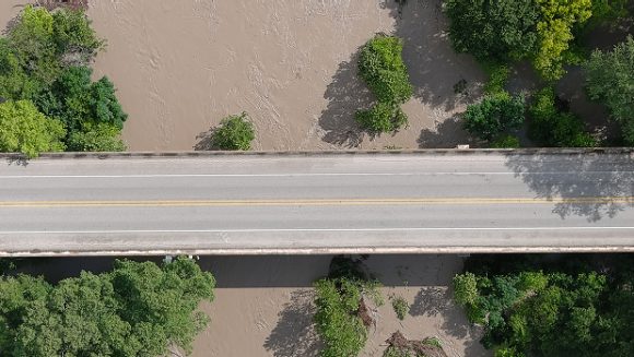 Aerial view of Texas road over river