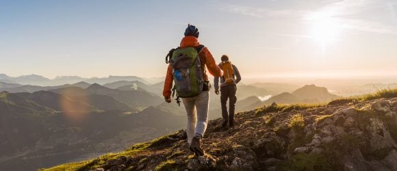 Two people hiking in mountains
