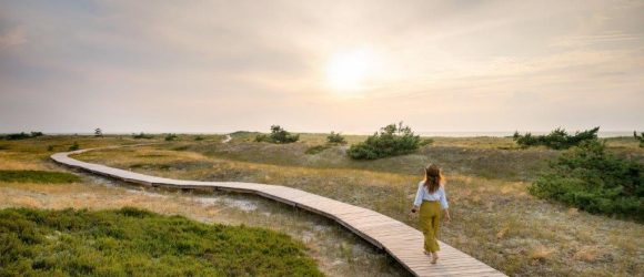 Lady walking on wooden ramp