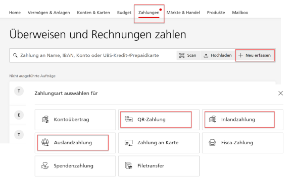 Zahlungen, Neu, QR-Zahlung, Inlandzahlung, Auslandzahlung