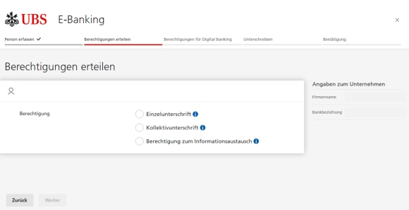 "Einzelunterschrift", "Kollektivunterschrift", "Berechtigung zum Informationsaustausch", "Zurück oder Weiter"