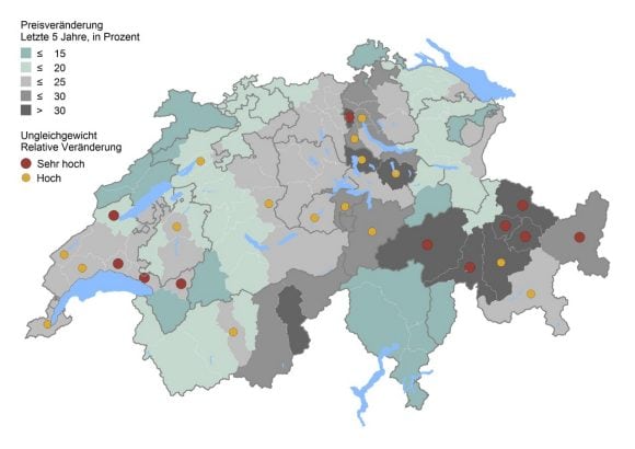 Die Immobilienpreise in unterschiedlichen Regionen in der Schweiz werden den Mietpreisen gegenübergestellt. So entsteht eine Karte, die aufzeigt, in welchen Regionen ein Risiko für eine Immobilienblase besteht.
