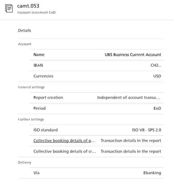 E-Banking Screenshot: settings for camt.053 account reports
