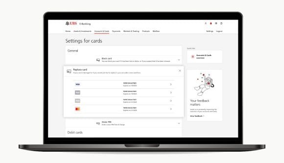 E-Banking Screenshot: Settings for cards