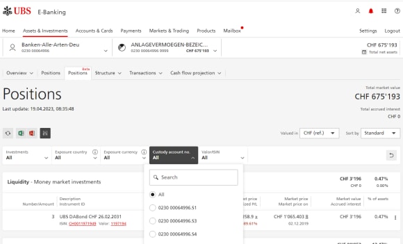 Custody account filter in E-Banking