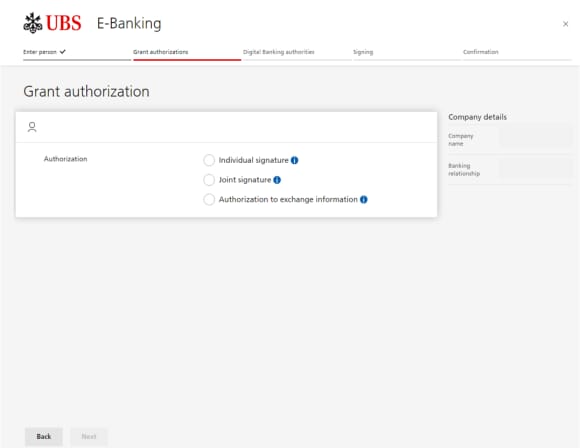 "Individual signature", "Joint signature", "Authorization to exchange information", "Back or Next"