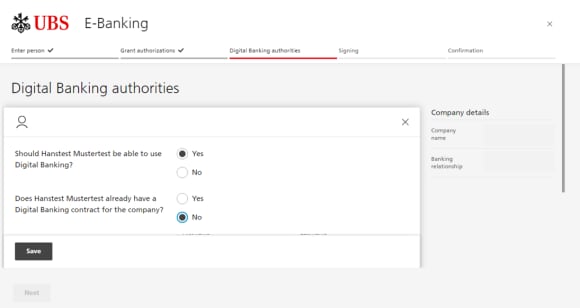 "Should the person be able to use Digital Banking? Yes or No", "Does the person already have a Digital Banking contract for the company? Yes or No", "Save"