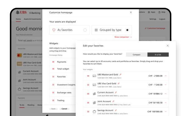 Summary from E-Banking how the homepage can be customized to your needs.