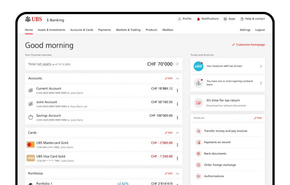 Main overview of the management options for accounts and cards in E-Banking.