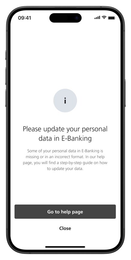 Image of an app with info: Please update your personal date