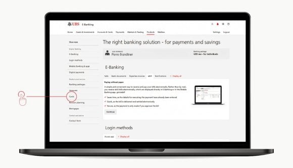 Capture d'écran E-Banking : Menu - cartes