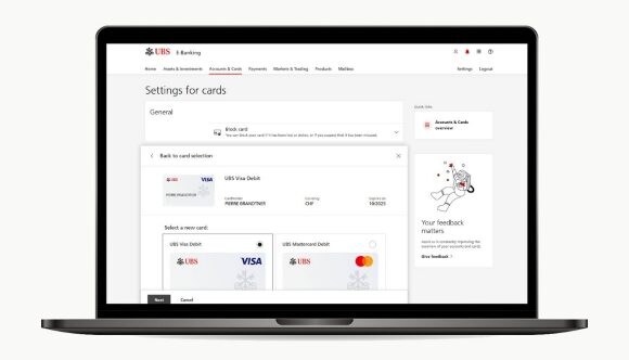 Capture d'écran E-Banking: Sélectionnez la carte