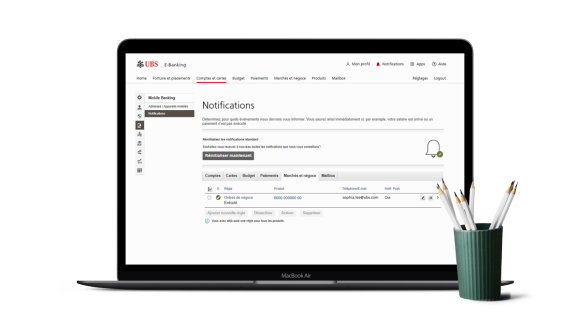 Page d’E-Banking avec la page des notifications de trading
