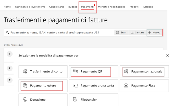 Pagamenti, Nuovo, Pagamento QR, Pagamento nazionale, Pagamento estero