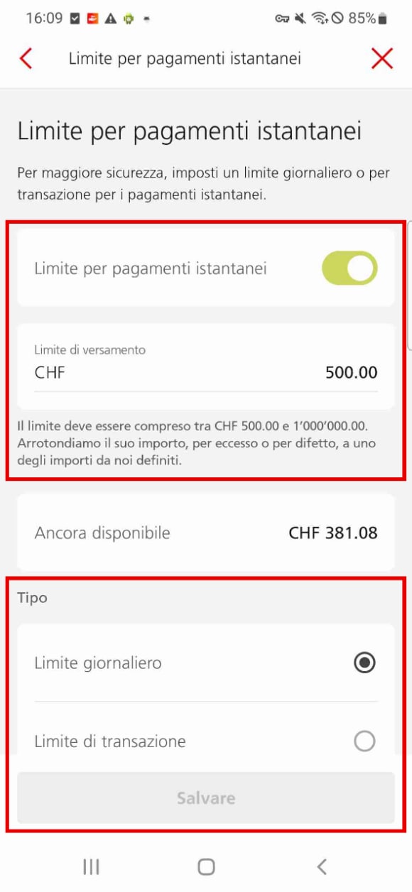 Limite per i pagamenti istantanei