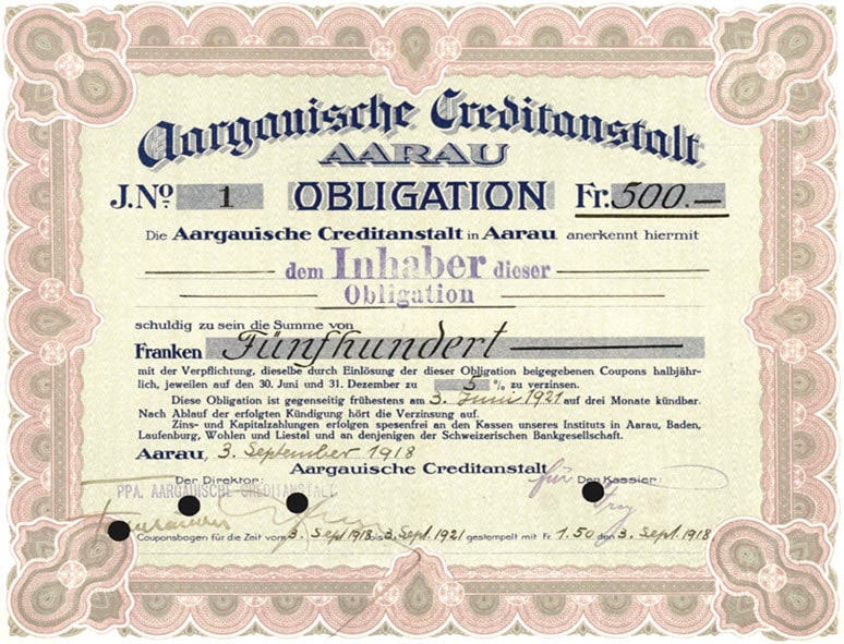Eine Obligation der Aargauischen Creditanstalt