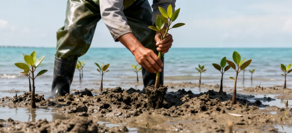 Une personne plante des jeunes pousses de mangrove dans une zone côtière, contribuant à la restauration de l’environnement.