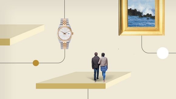 Illustration of a watch, couple and a painting in a frame work.