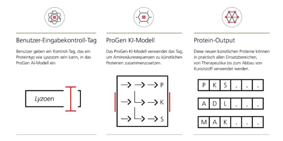 Bild, das drei Phasen des KI-fähigen Prozesses der Entwicklung eines Proteins darstellt.