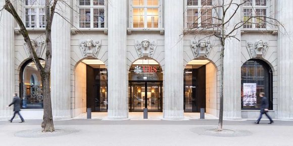 UBS headquarters, building with gray columns.