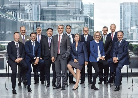 UBS's Group Executive Board as a group in front of the London skyline