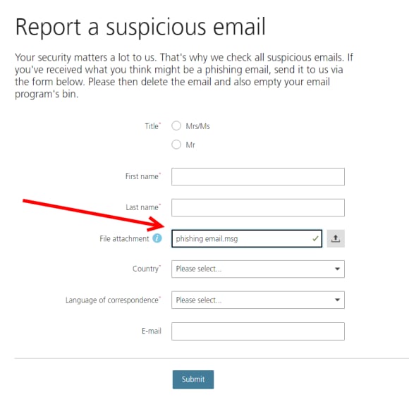 Screenshot of form pointing to file attachment field having email attached