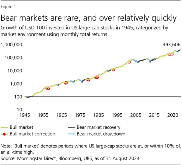 Line chart showing that bear markets are rare, and over relatively quickly.