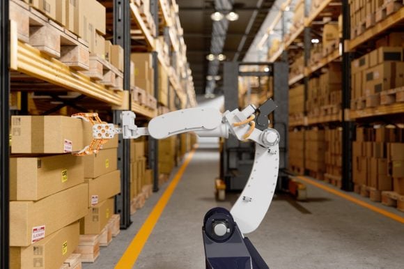 Robot taking box in warehouse
