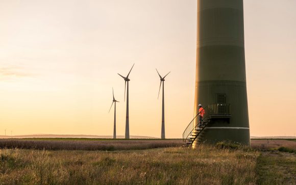 engineer on wind turbine staircase