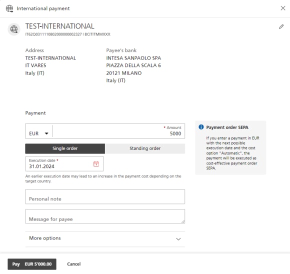 Step 5 inform the amount and the currency which the payment should be made and add additional payment information (if needed) then choose pay