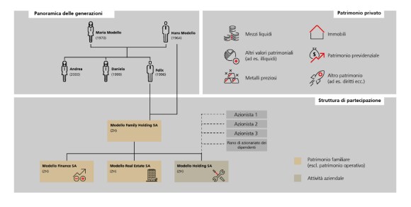 Rappresentazione schematica della struttura patrimoniale di una famiglia svizzera con azienda e diverse attività finanziarie.