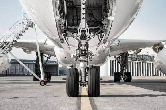 Undercarriage of an airplane close up