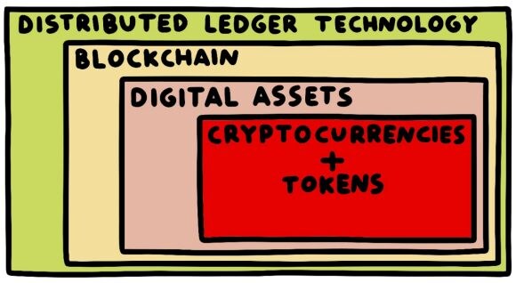 Beziehung zwischen DTLs, Blockchain, Digital Assets und Kryptowährungen.