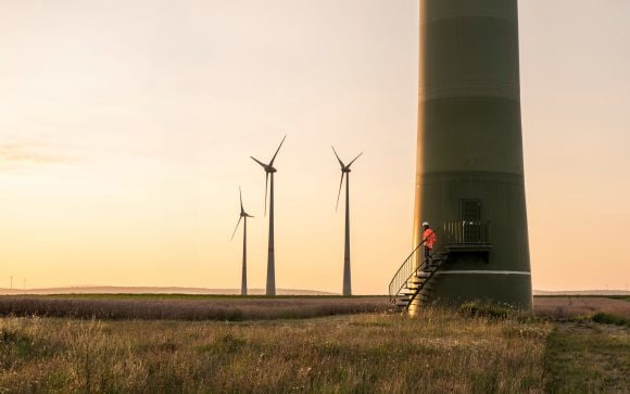 engineer on wind turbine staircase