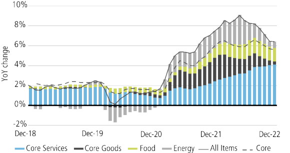 A combined line and bar graph showing the year-on-year trend of US consumer prices, along with its core constituent parts such as ‘core services’, ‘core goods’, ‘food’ and ‘energy’.