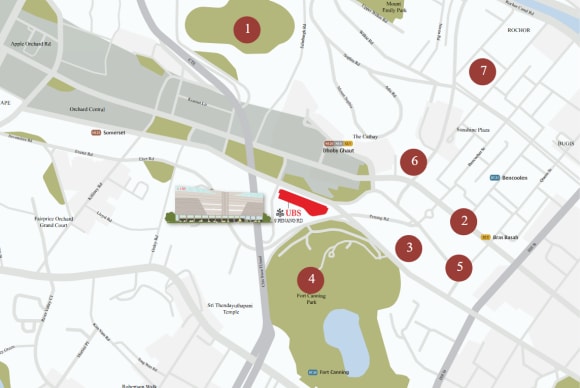 Map showing schematic surrounding of UBS office in Singapore