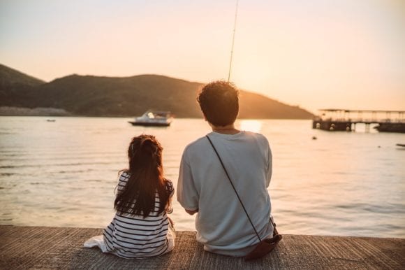 Father and daughter fishing together