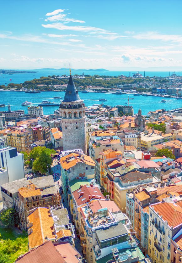 Aerial view of the Galata Tower and Galata Bridge in Istanbul, Turkey