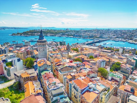 Aerial view of the Galata Tower and Galata Bridge in Istanbul, Turkey