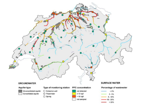Map: Concentration of PFAS in groundwater and wastewater content in various watercourses in Switzerland