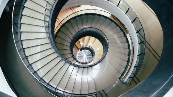 Looking down into a spiral staircase